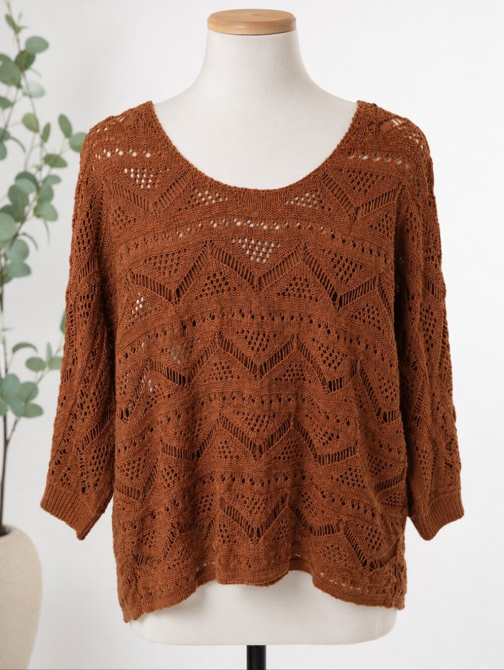 Buffalo‎ Womens L Hollow Knit Sweater Camel Brown 3/4 Sleeve Boho Coastal